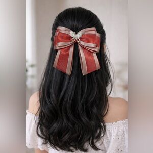 Hand crafted  Red and Silver Butterfly Bow Hair Clip
